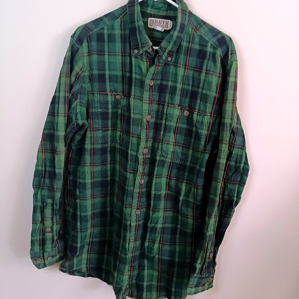 Duluth Trading Co Plaid Flannel Shirt Mens L Tall Green Excellent Slim Fit - Picture 2 of 8